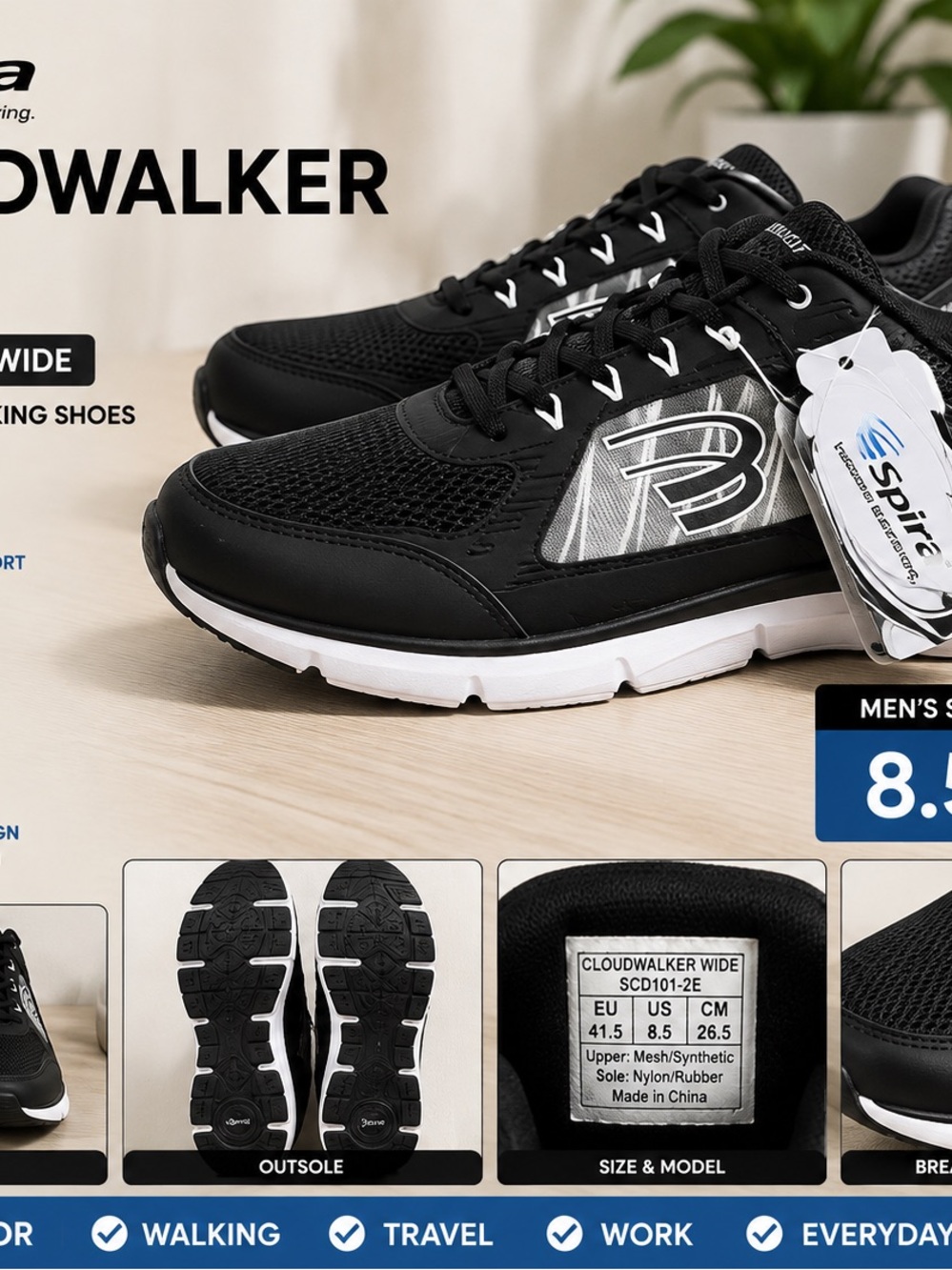 Spira CloudWalker Wide Men’s Walking Shoes Size 8.5 2E Black New With Tag